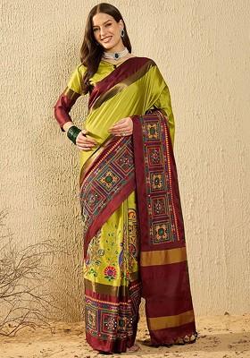 Lime Green Embroidered Poly Blend Saree Set