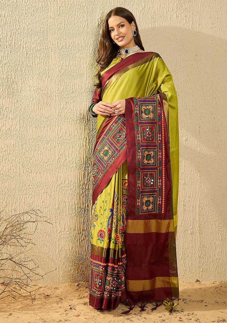 Lime Green Embroidered Poly Blend Saree Set