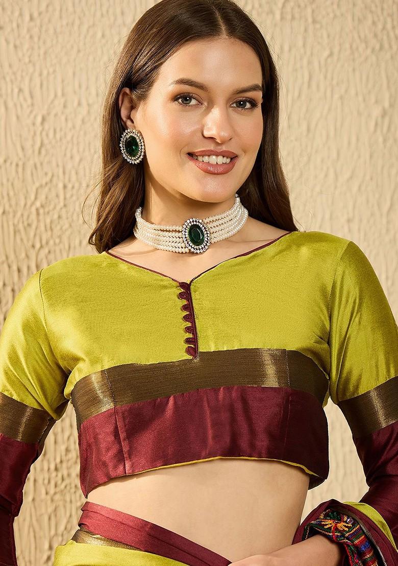 Lime Green Embroidered Poly Blend Saree Set