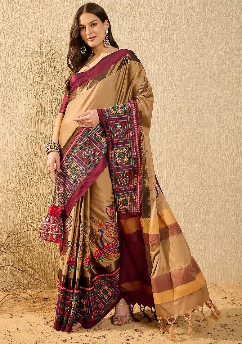 Beige Embroidered Poly Blend Saree Set