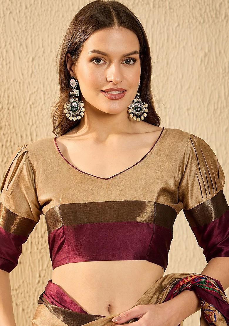 Beige Embroidered Poly Blend Saree Set