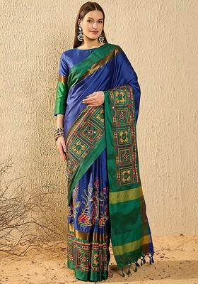 Blue Embroidered Poly Blend Saree Set