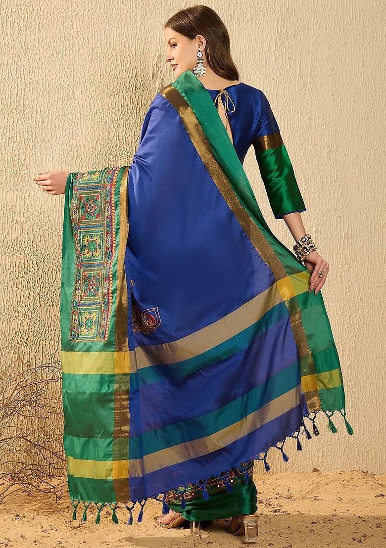 Blue Embroidered Poly Blend Saree Set