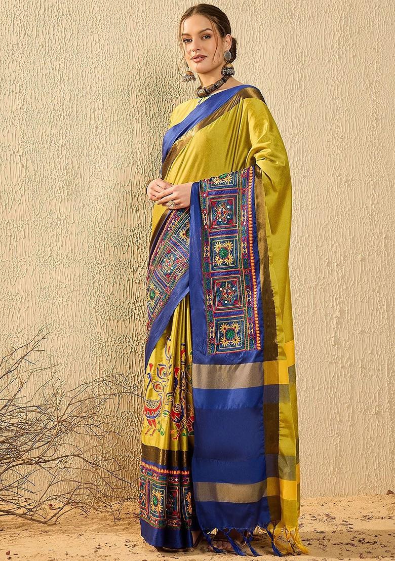 Yellow Embroidered Silk Saree Set