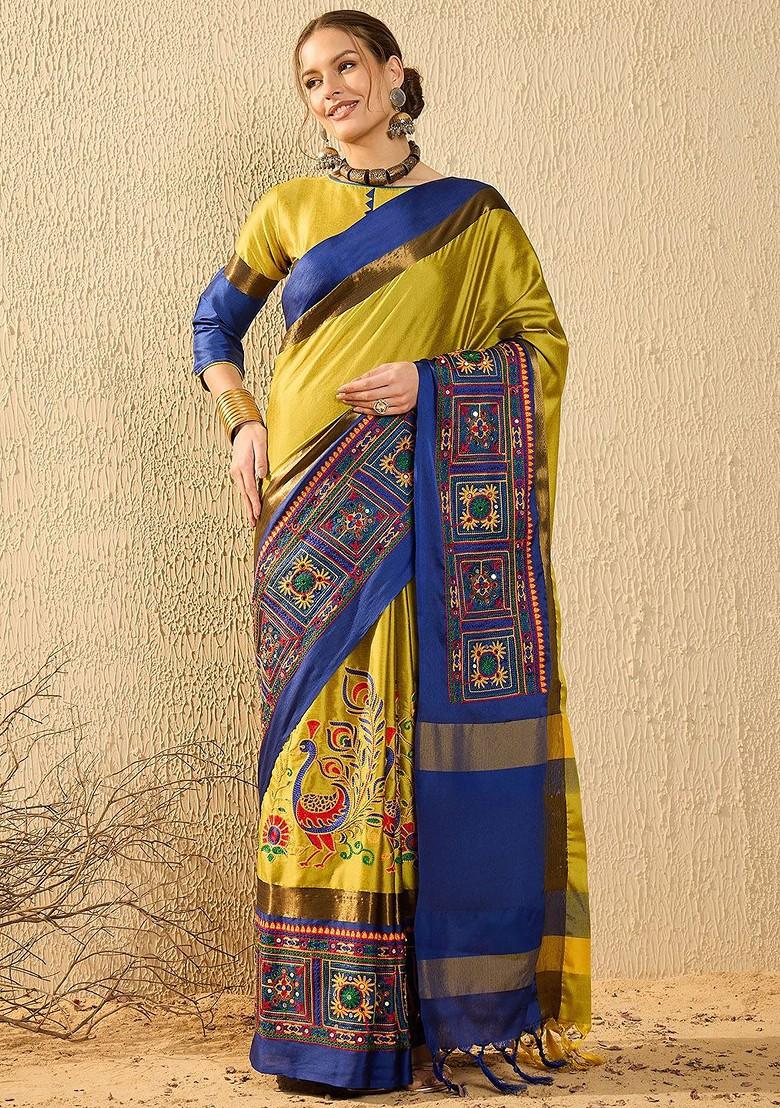 Yellow Embroidered Silk Saree Set