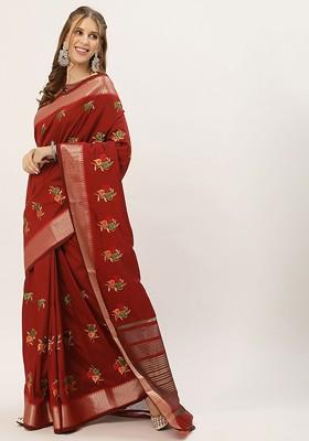 Maroon Embroidered Silk Saree Set