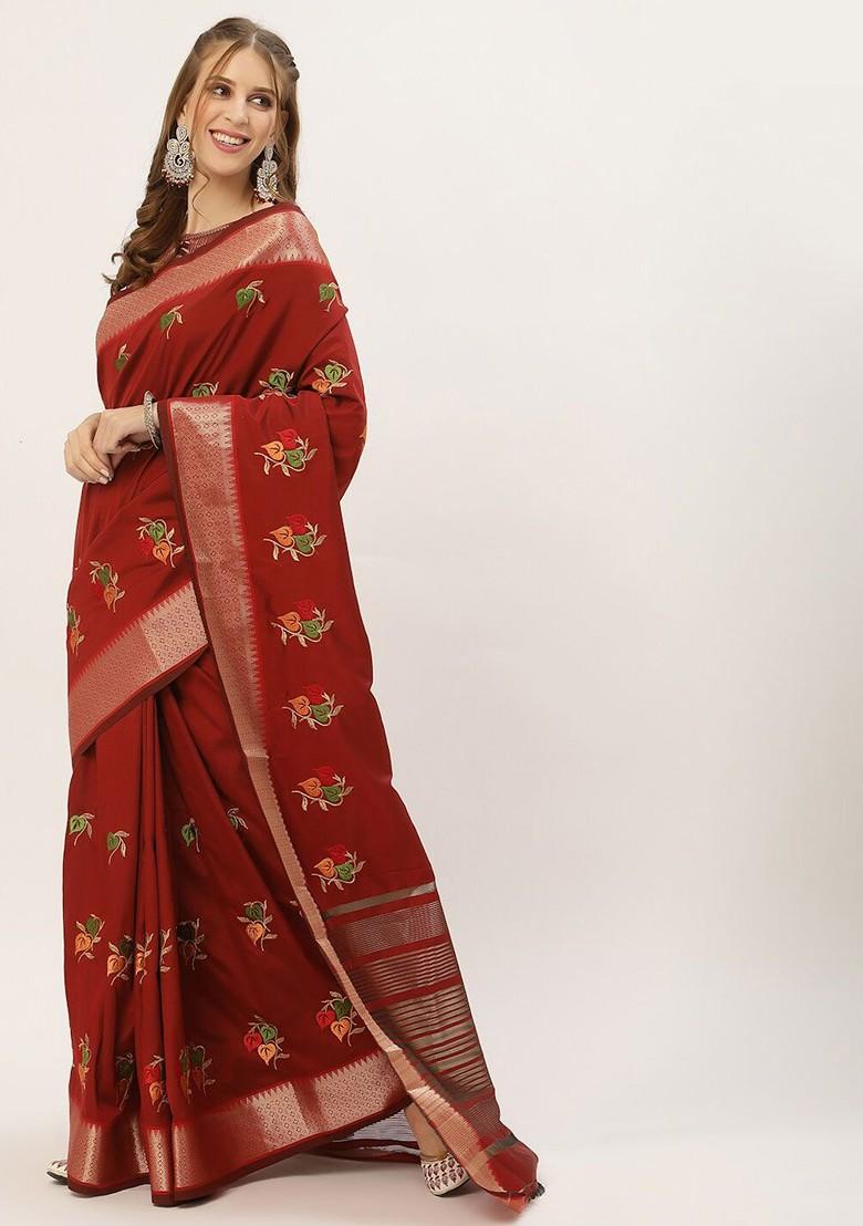 Maroon Embroidered Silk Saree Set