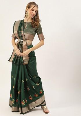 Green Embroidered Silk Saree Set