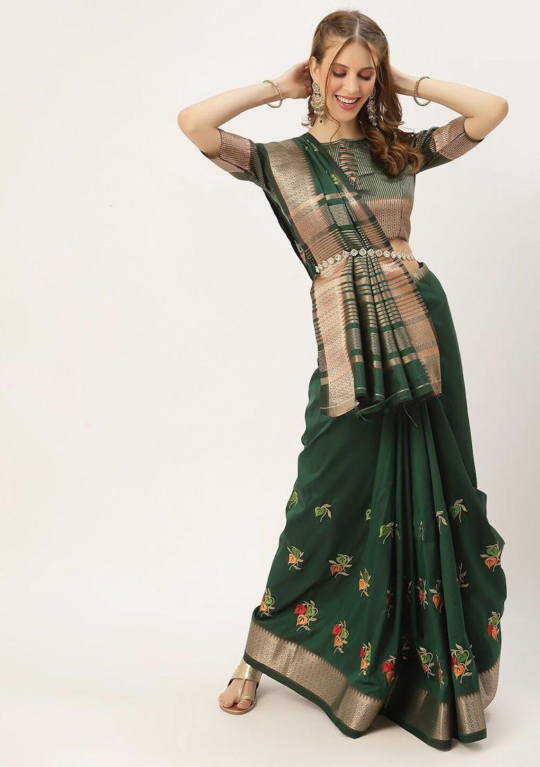 Green Embroidered Silk Saree Set