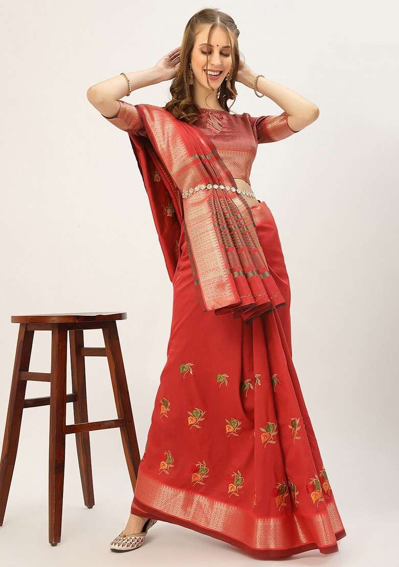 Pink Embroidered Silk Saree Set - Indya