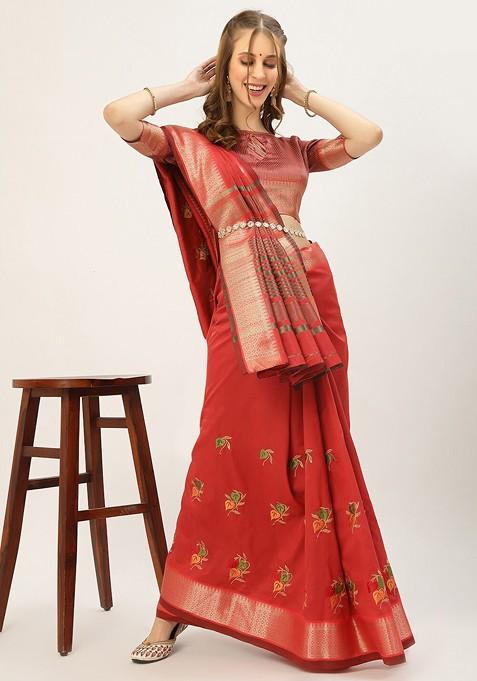 Pink Embroidered Silk Saree Set