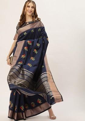 Blue Embroidered Silk Saree Set