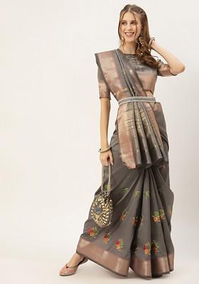 Grey Embroidered Silk Saree Set