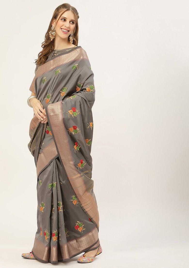 Grey Embroidered Silk Saree Set