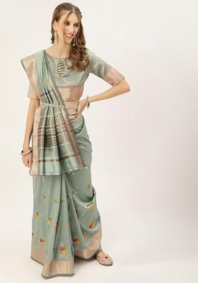 Turquoise Blue Embroidered Silk Saree Set