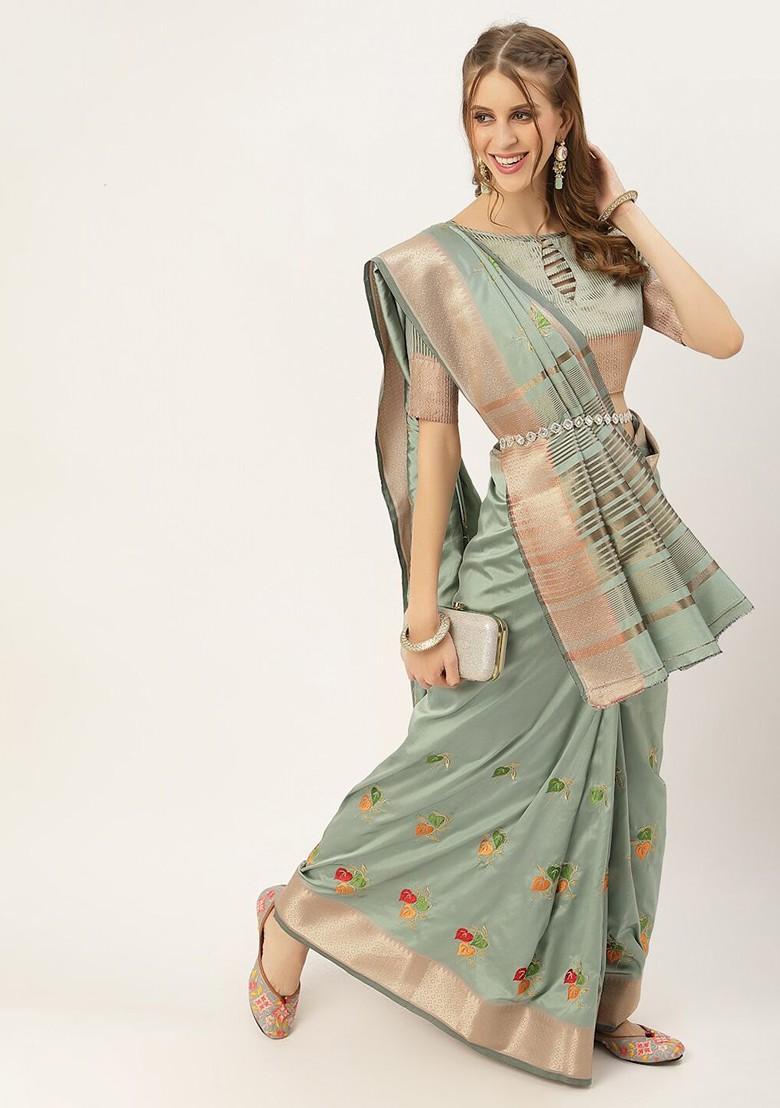 Turquoise Blue Embroidered Silk Saree Set