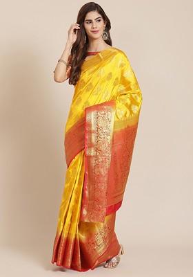 Yellow Embroidered Silk Saree Set