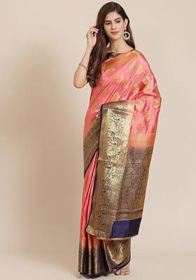 Pink Embroidered Silk Saree Set