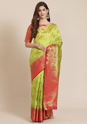 Green Embroidered Silk Saree Set