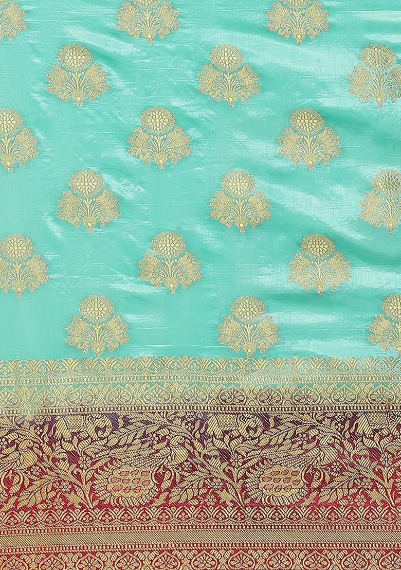 Turquoise Blue Embroidered Silk Saree Set