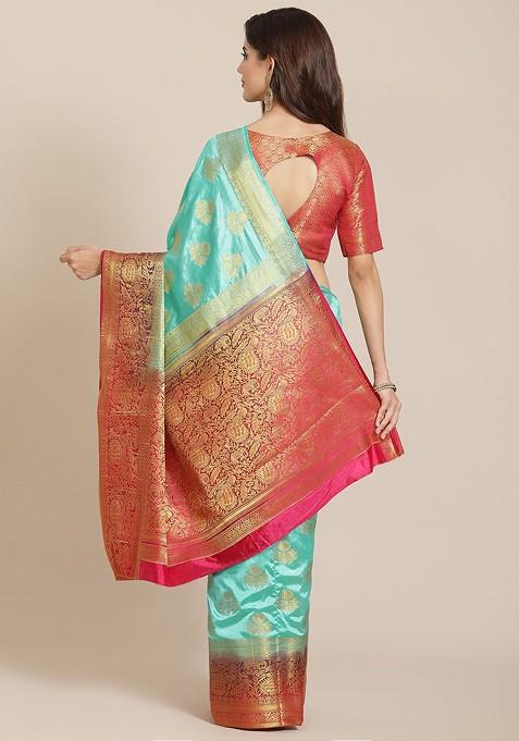 Turquoise Blue Embroidered Silk Saree Set
