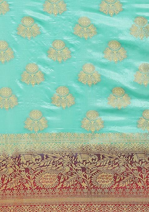 Turquoise Blue Embroidered Silk Saree Set