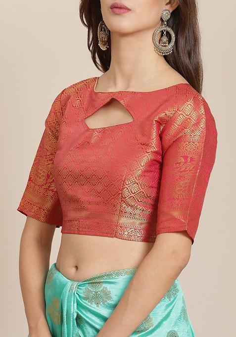 Turquoise Blue Embroidered Silk Saree Set