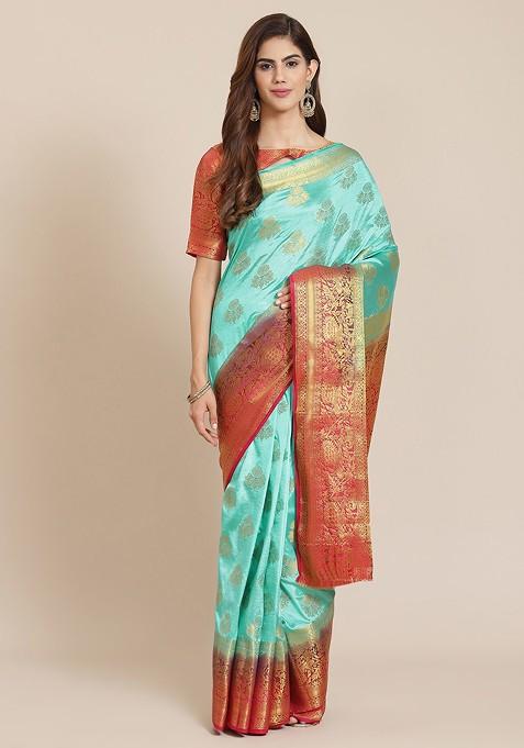 Turquoise Blue Embroidered Silk Saree Set