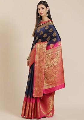 Navy Blue Embroidered Silk Saree Set