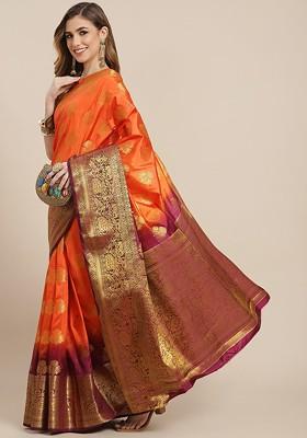 Orange Embroidered Silk Saree Set