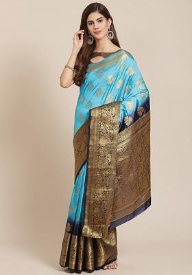 Turquoise Blue Embroidered Silk Saree Set