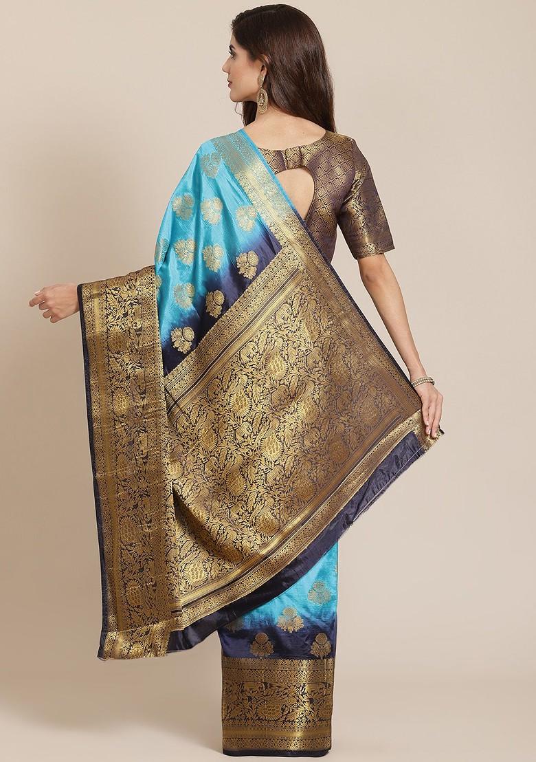 Turquoise Blue Embroidered Silk Saree Set