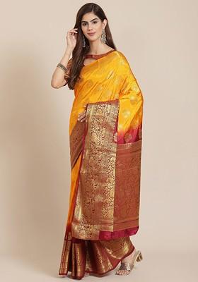 Yellow Embroidered Silk Saree Set