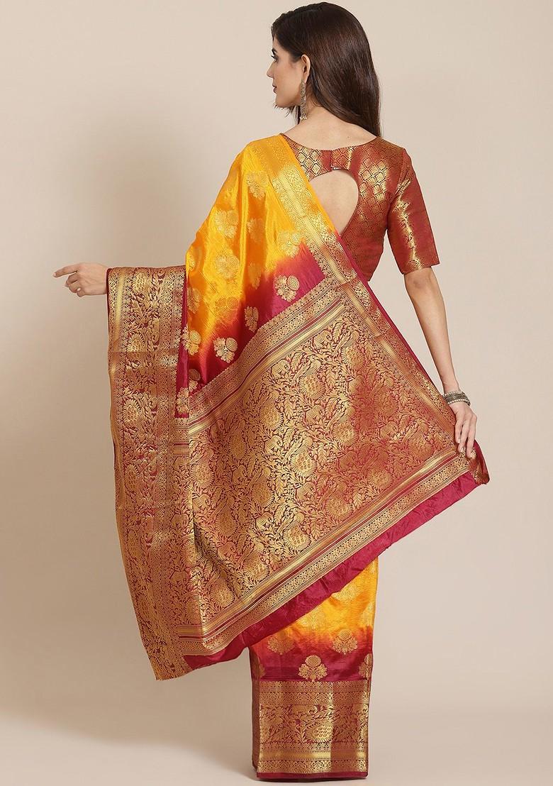 Yellow Embroidered Silk Saree Set