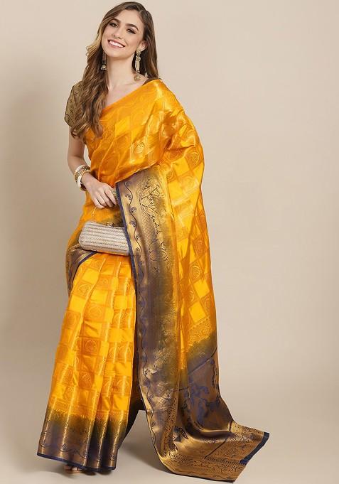 Yellow Embroidered Silk Saree Set