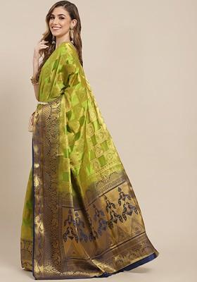 Lime Green Woven Silk Saree Set