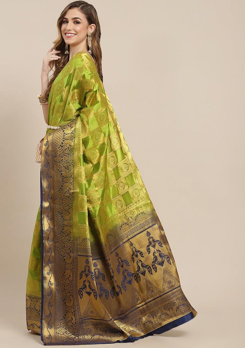 Lime Green Woven Silk Saree Set