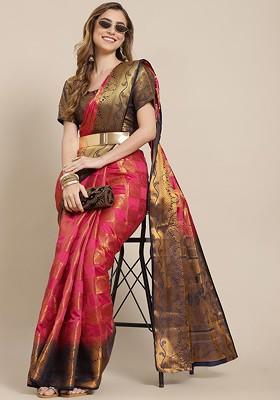 Pink Embroidered Silk Saree Set