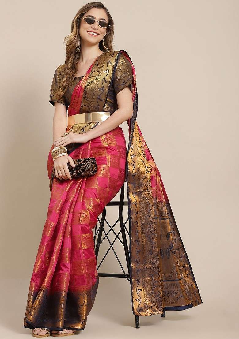 Pink Embroidered Silk Saree Set - Indya