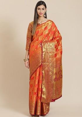 Orange Zari Silk Saree Set