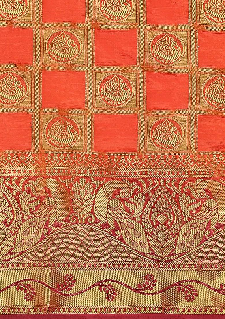 Orange Zari Silk Saree Set