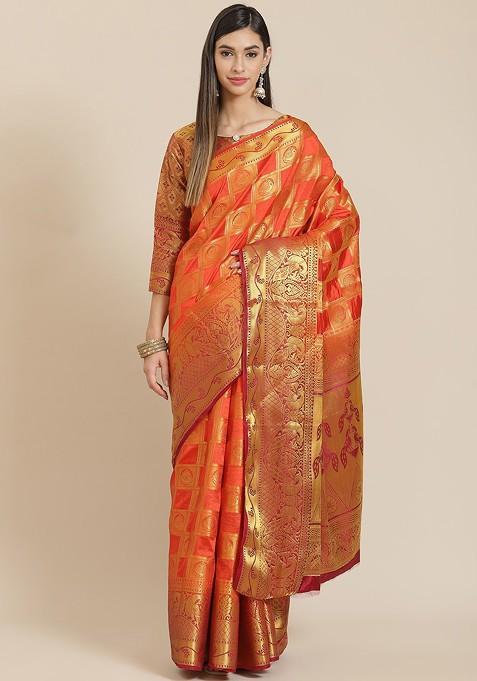 Orange Zari Silk Saree Set