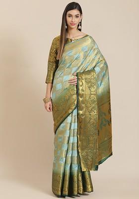Olive Woven Silk Saree Set