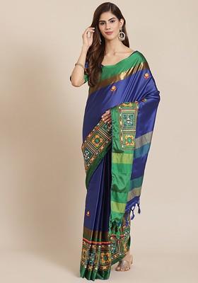 Blue Solid Silk Saree Set