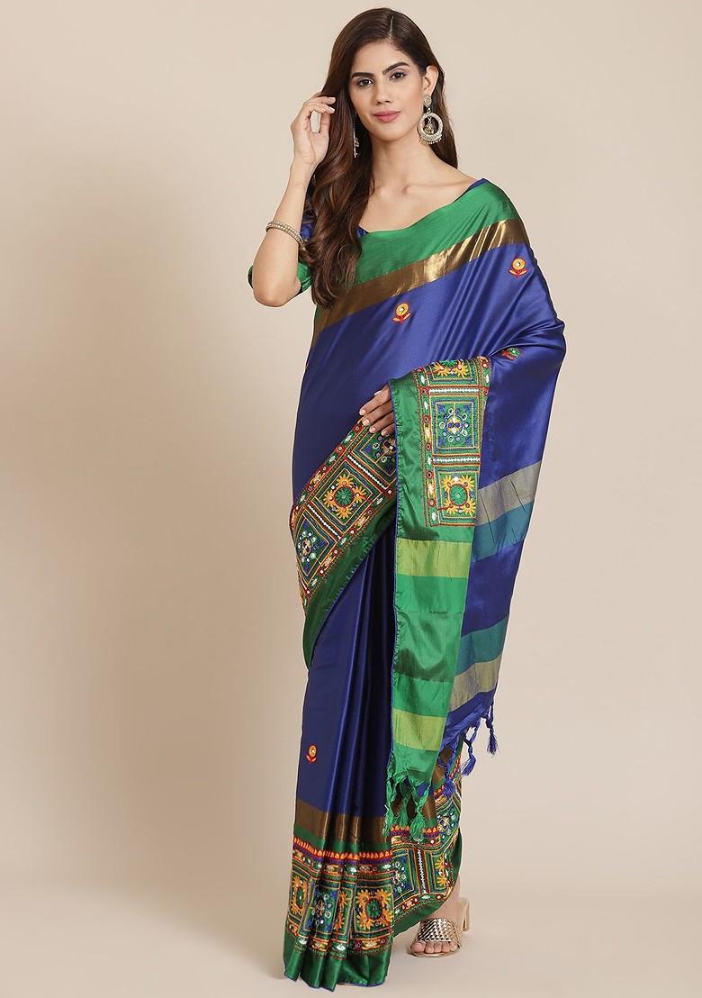 Blue Solid Silk Saree Set