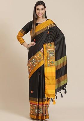 Black Printed Silk Saree Set
