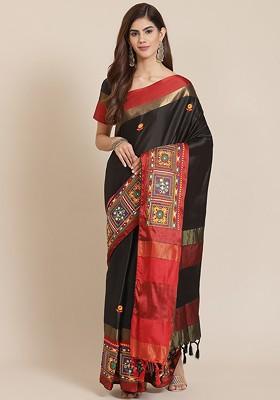 Black Solid Silk Saree Set