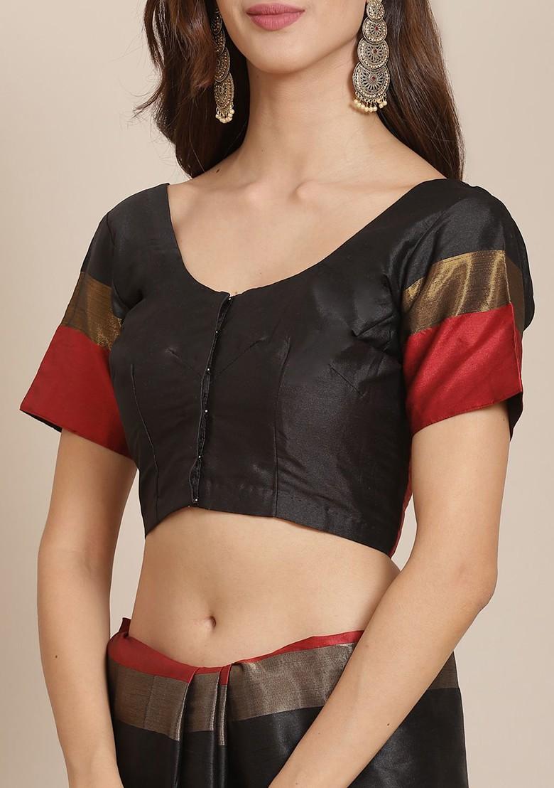 Black Solid Silk Saree Set