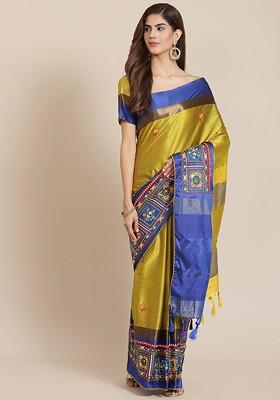 Mustard Embroidered Silk Saree Set