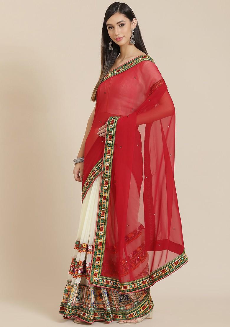 White Embroidered Poly Blend Saree Set